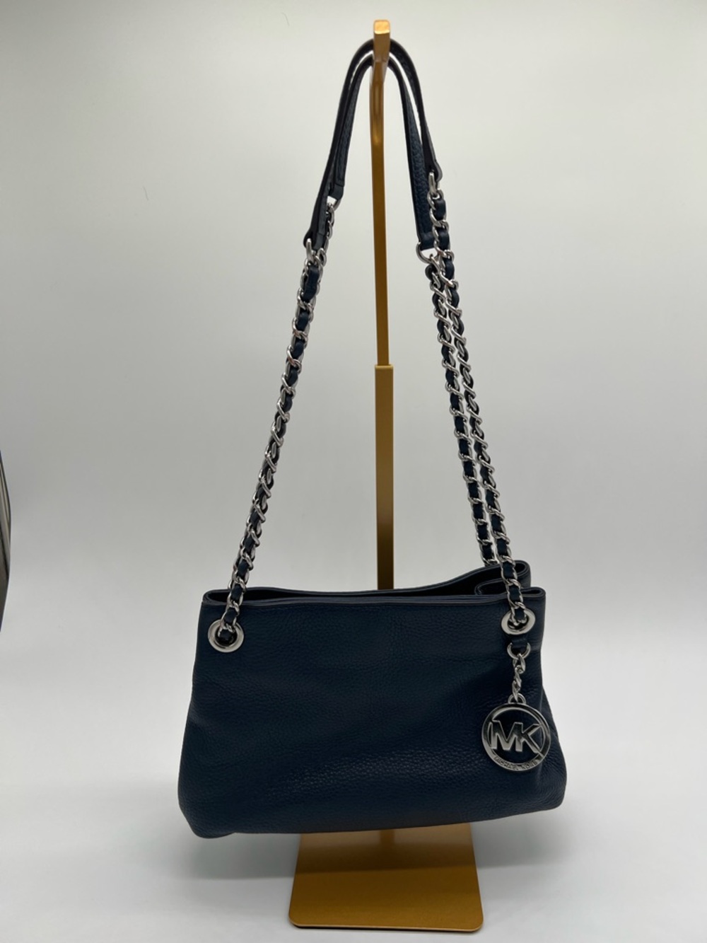 Michael Kors Navy Pebbled Leather Shoulder Bag with Silver Hardware